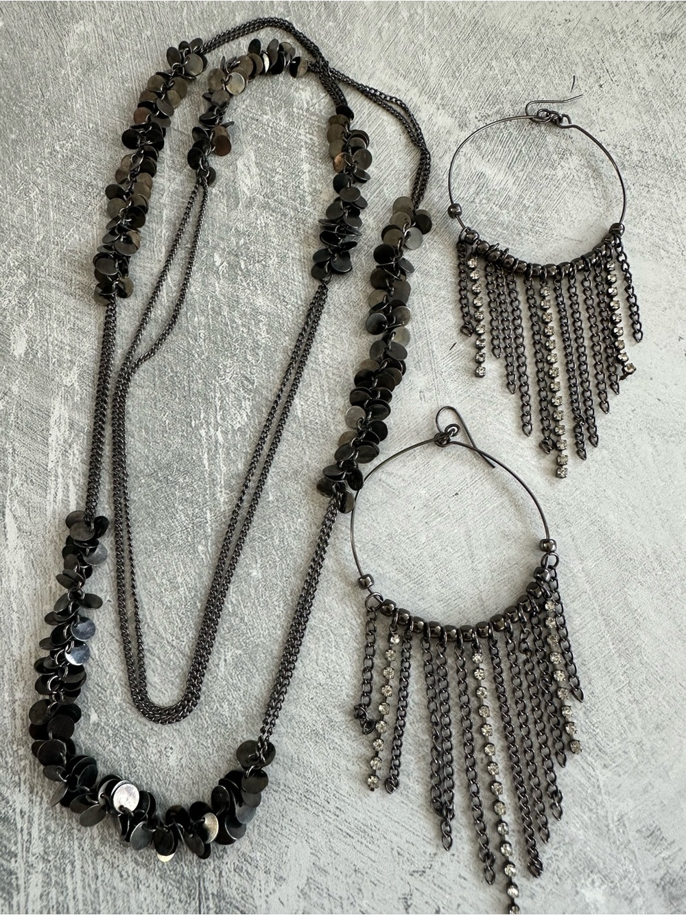 Gunmetal Fringe Hoop Earrings & Layered Sequin Necklace Set